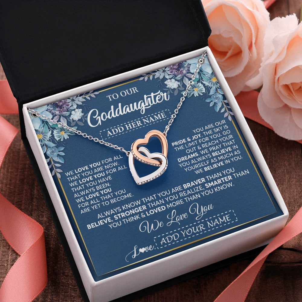 Interlocking Hearts Necklace Stainless Steel & Rose Gold Finish | 2 | Personalized To Our Goddaughter Necklace Gift From Godmother Uncle We Love You Goddaughter Birthday Gift Graduation Christmas Custom Gift Box Message Card | siriusteestore.myshopify
