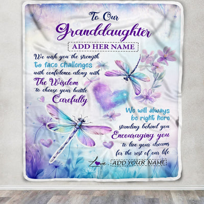 Personalized To Our Granddaughter Gifts Blanket From Grandma Grandpa Always Be Right Here Dragonfly Birthday Gifts For Granddaughter Christmas Fleece Blanket | siriusteestore