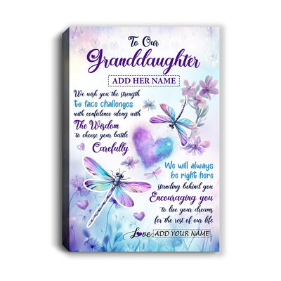 Personalized To Our Granddaughter Gifts From Grandma Grandpa Always Be Right Here Dragonfly Birthday Gifts For Granddaughter Christmas Custom Wall Art Framed Canvas | siriusteestore