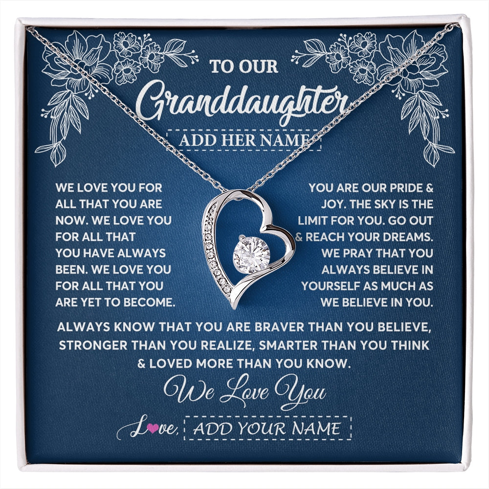 Forever Love Necklace 14K White Gold Finish | 1 | Personalized To Our Granddaughter Gifts From Grandma Grandpa Necklace We Love You Jewelry Gift Granddaughter Birthday Christmas Custom Gift Box Message Card | https://siriusteestore.