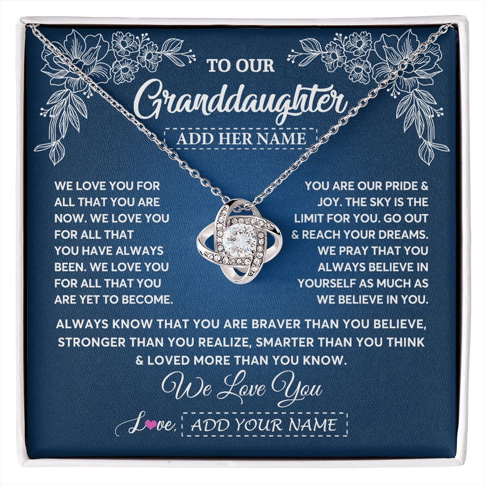 Love Knot Necklace 14K White Gold Finish | 1 | Personalized To Our Granddaughter Gifts From Grandma Grandpa Necklace We Love You Jewelry Gift Granddaughter Birthday Christmas Custom Gift Box Message Card | https://siriusteestore.
