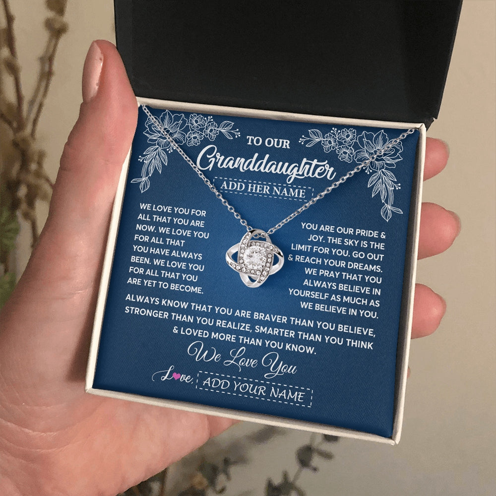 Love Knot Necklace 14K White Gold Finish | 2 | Personalized To Our Granddaughter Gifts From Grandma Grandpa Necklace We Love You Jewelry Gift Granddaughter Birthday Christmas Custom Gift Box Message Card | https://siriusteestore.