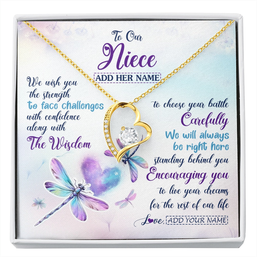 Forever Love Necklace 18K Yellow Gold Finish | 1 | Personalized To Our Niece Gifts Necklace From Aunt Uncle Always Be Right Here Dragonfly Birthday For Niece Christmas Custom Jewelry Gift Box Message Card | https://siriusteestore.