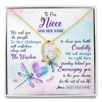 Forever Love Necklace 18K Yellow Gold Finish | 1 | Personalized To Our Niece Gifts Necklace From Aunt Uncle Always Be Right Here Dragonfly Birthday For Niece Christmas Custom Jewelry Gift Box Message Card | https://siriusteestore.
