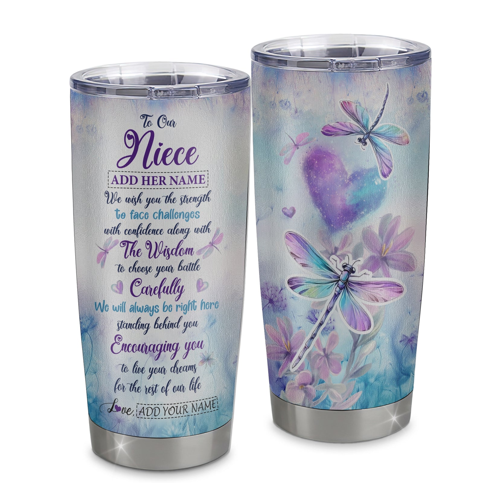Personalized To Our Niece Gifts Tumbler From Aunt Uncle Always Be Right Here Dragonfly Birthday Gifts Niece Christmas Graduation Stainless Steel Insulated Custom Mug | siriusteestore
