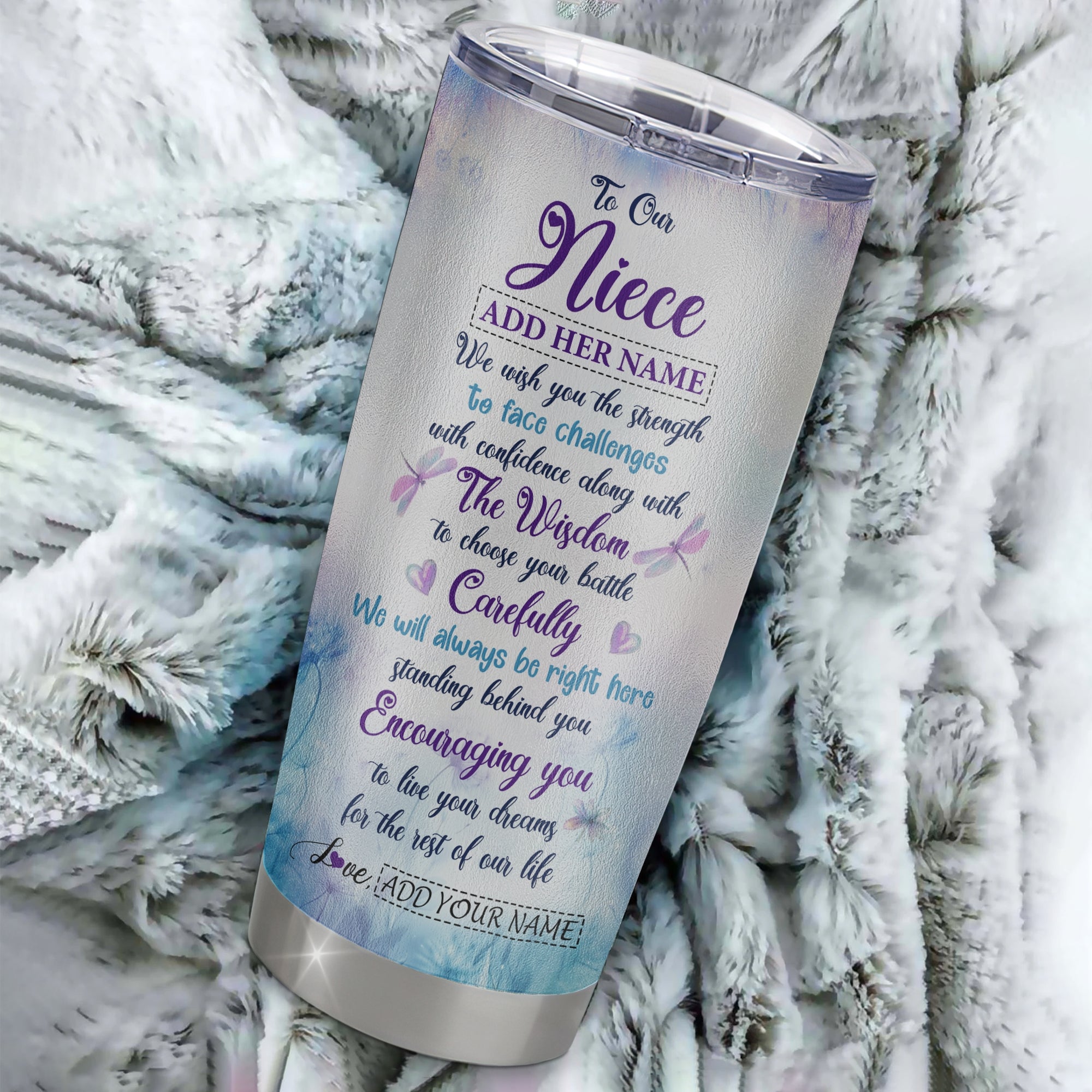 Personalized To Our Niece Gifts Tumbler From Aunt Uncle Always Be Right Here Dragonfly Birthday Gifts Niece Christmas Graduation Stainless Steel Insulated Custom Mug | siriusteestore