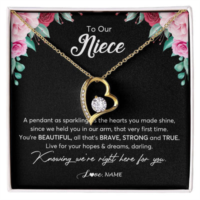 Forever Love Necklace 18K Yellow Gold Finish | Personalized To Our Niece Necklace From Aunt Uncle You're Beautiful Niece Jewelry Pendant Birthday Graduation Christmas Customized Gift Box Message Card | siriusteestore