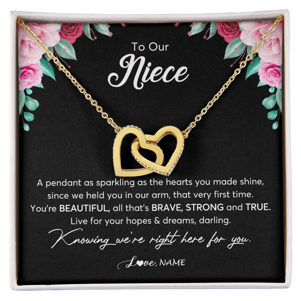 Interlocking Hearts Necklace 18K Yellow Gold Finish | Personalized To Our Niece Necklace From Aunt Uncle You're Beautiful Niece Jewelry Pendant Birthday Graduation Christmas Customized Gift Box Message Card | siriusteestore