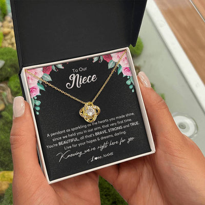 Love Knot Necklace 18K Yellow Gold Finish | Personalized To Our Niece Necklace From Aunt Uncle You're Beautiful Niece Jewelry Pendant Birthday Graduation Christmas Customized Gift Box Message Card | siriusteestore