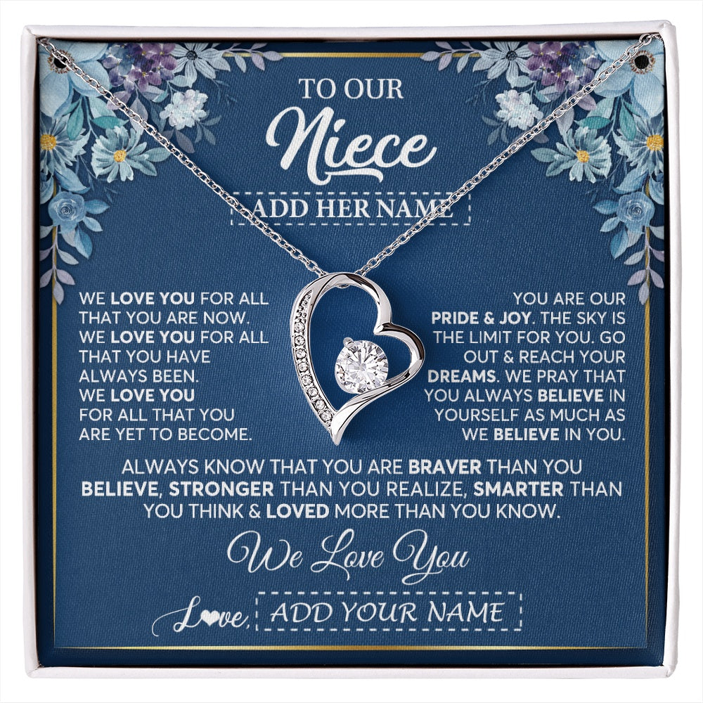 Forever Love Necklace 14K White Gold Finish | 1 | Personalized To Our Niece Necklace Gift From Uncle Aunt We Love You Niece Birthday Gift Graduation Christmas Pendant Custom Gift Box Message Card | siriusteestore.myshopify