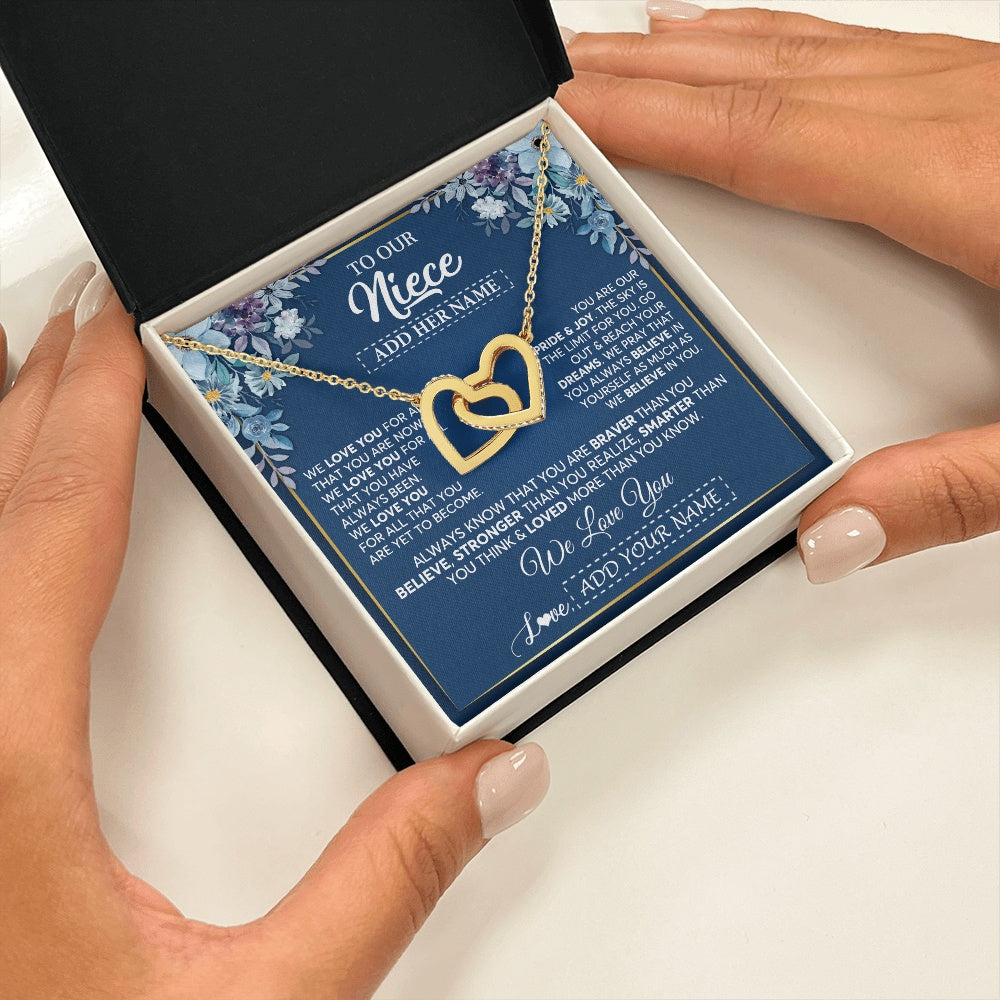Interlocking Hearts Necklace 18K Yellow Gold Finish | 2 | Personalized To Our Niece Necklace Gift From Uncle Aunt We Love You Niece Birthday Gift Graduation Christmas Pendant Custom Gift Box Message Card | siriusteestore.myshopify
