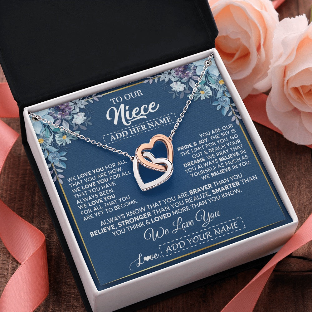 Interlocking Hearts Necklace Stainless Steel & Rose Gold Finish | 2 | Personalized To Our Niece Necklace Gift From Uncle Aunt We Love You Niece Birthday Gift Graduation Christmas Pendant Custom Gift Box Message Card | siriusteestore.myshopify