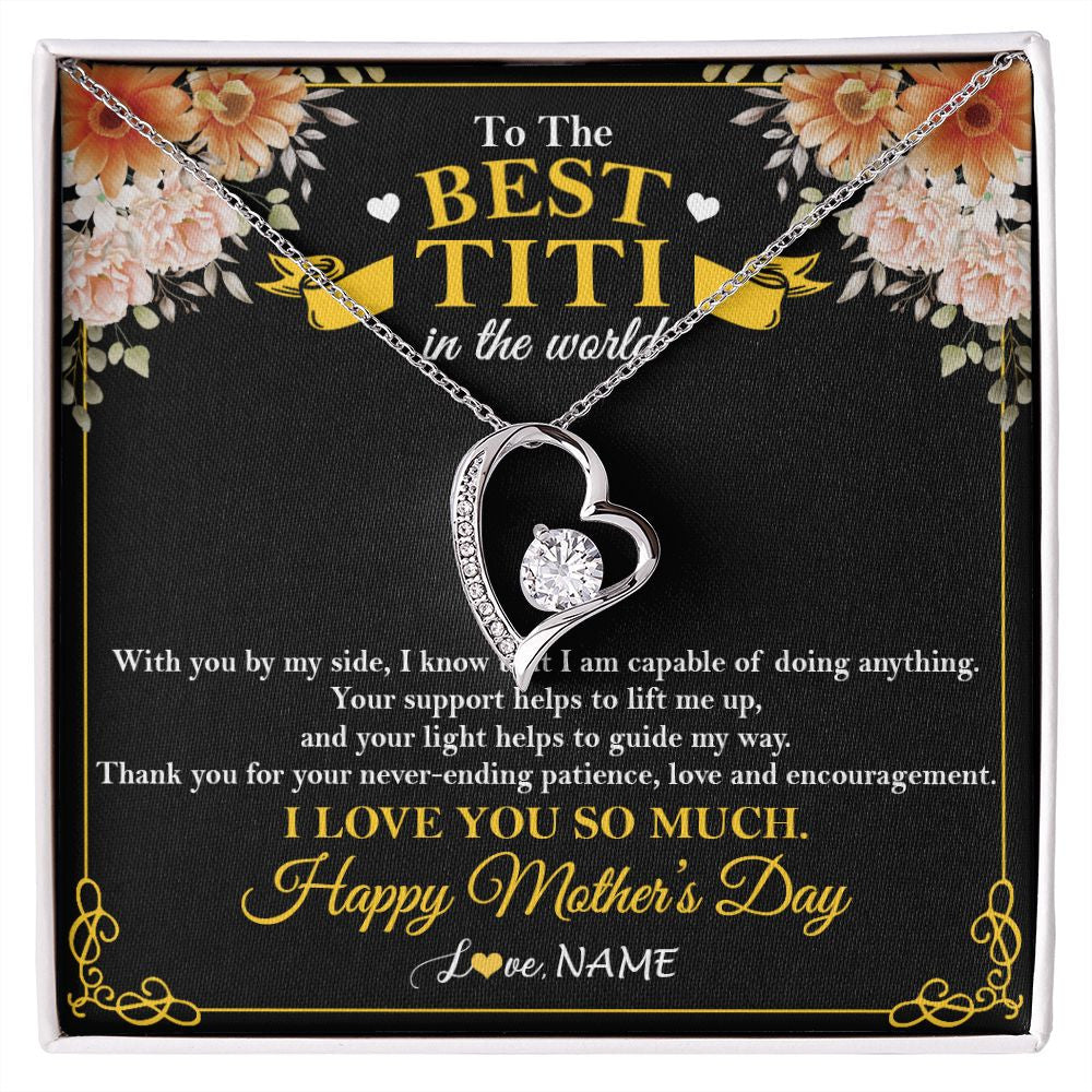 Forever Love Necklace | Personalized To The Best Titi In The World Necklace From Niece Nephew Thank You I Love You So Much Titi Happy Mothers Day Customized Gift Box Message Card | siriusteestore