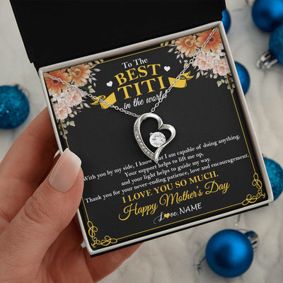 Forever Love Necklace | Personalized To The Best Titi In The World Necklace From Niece Nephew Thank You I Love You So Much Titi Happy Mothers Day Customized Gift Box Message Card | siriusteestore