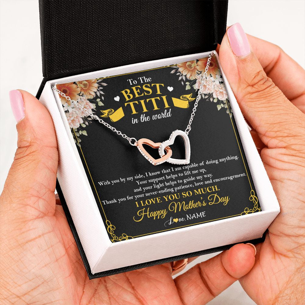 Interlocking Hearts Necklace | Personalized To The Best Titi In The World Necklace From Niece Nephew Thank You I Love You So Much Titi Happy Mothers Day Customized Gift Box Message Card | siriusteestore