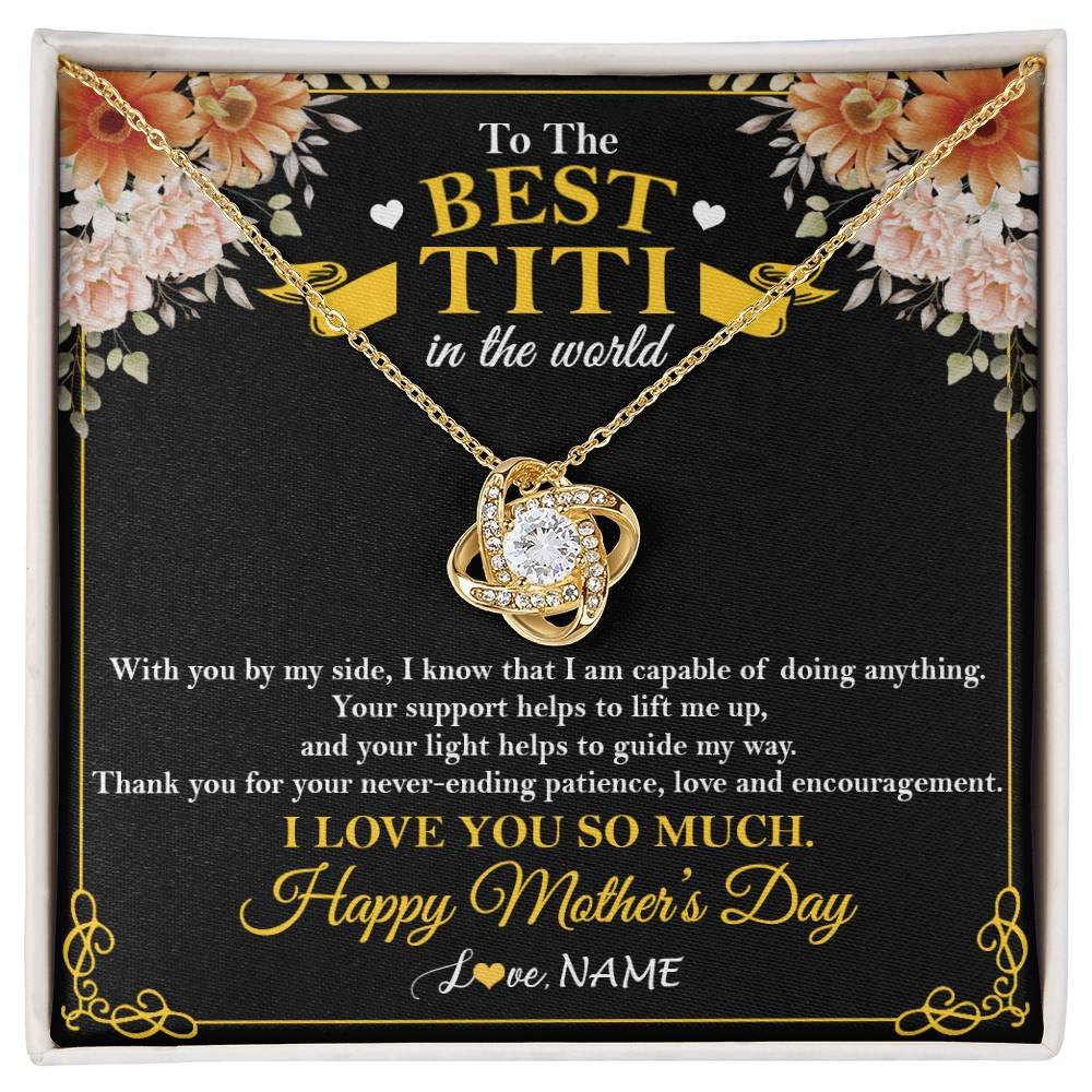 Love Knot Necklace 18K Yellow Gold Finish | 1 | Personalized To The Best Titi In The World Necklace From Niece Nephew Thank You I Love You So Much Titi Happy Mothers Day Customized Gift Box Message Card | siriusteestore