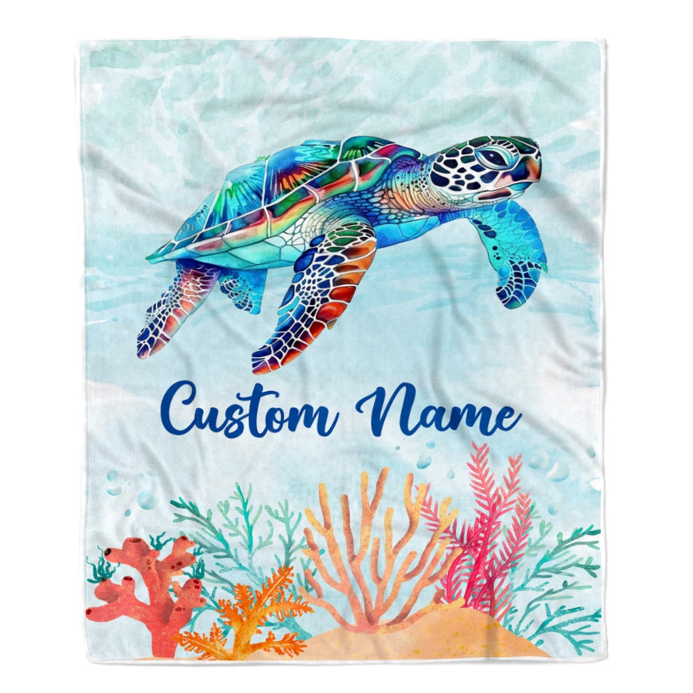 Personalized Turtle Blanket Custom Baby Name Boy Girl Sea Newborn Kids Son Daughter Granddaughter Niece Birthday Christmas Customized Bed Fleece Throw Blanket | siriusteestore