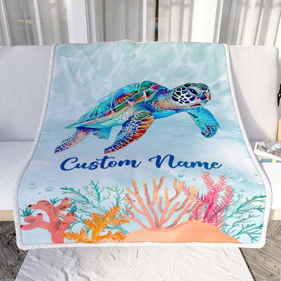 Personalized Turtle Blanket Custom Baby Name Boy Girl Sea Newborn Kids Son Daughter Granddaughter Niece Birthday Christmas Customized Bed Fleece Throw Blanket | siriusteestore
