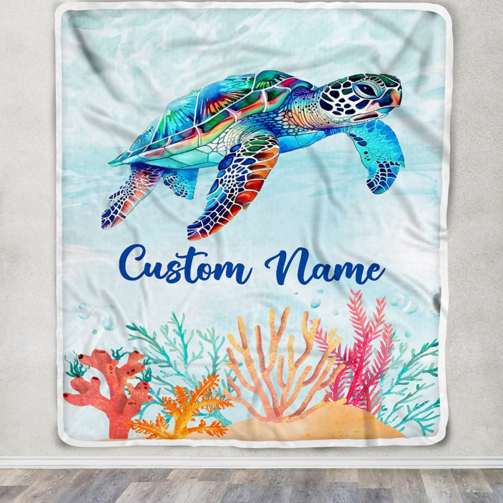 Personalized Turtle Blanket Custom Baby Name Boy Girl Sea Newborn Kids Son Daughter Granddaughter Niece Birthday Christmas Customized Bed Fleece Throw Blanket | siriusteestore