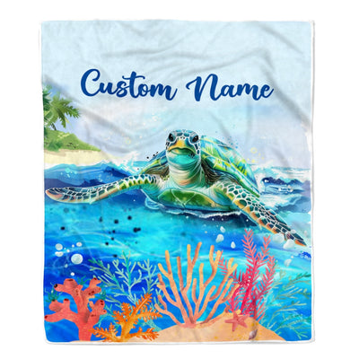 Personalized Turtle Custom Baby Name Blanket Boy Girl Sea Newborn Kids Son Daughter Granddaughter Niece Birthday Christmas Customized Bed Fleece Throw Blanket | siriusteestore