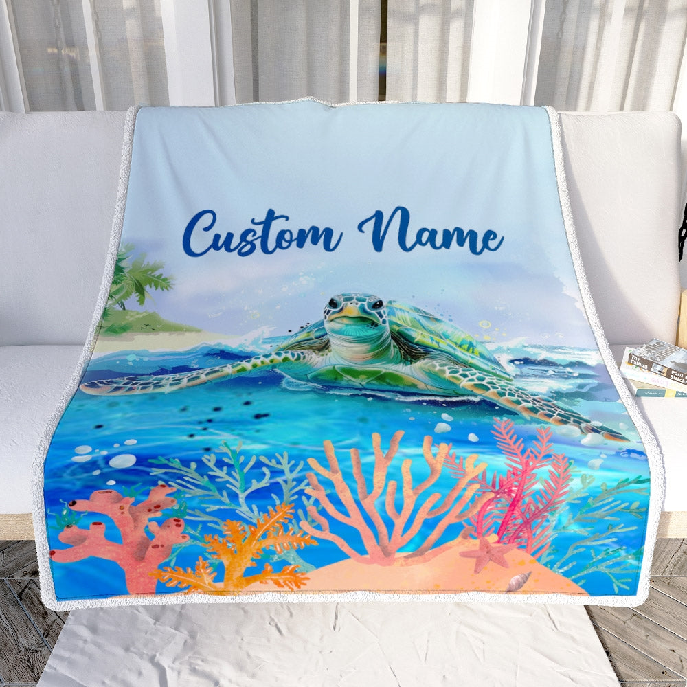 Personalized Turtle Custom Baby Name Blanket Boy Girl Sea Newborn Kids Son Daughter Granddaughter Niece Birthday Christmas Customized Bed Fleece Throw Blanket | siriusteestore