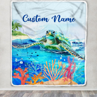 Personalized Turtle Custom Baby Name Blanket Boy Girl Sea Newborn Kids Son Daughter Granddaughter Niece Birthday Christmas Customized Bed Fleece Throw Blanket | siriusteestore