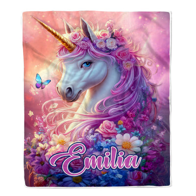 Personalized Unicorn Blanket For Girls Magical Purple Floral Unicorn With Custom Name Kids Daughter Gift Bedding For Little Princesses Fleece Throw Blanket Shirt & Hoodie | siriusteestore