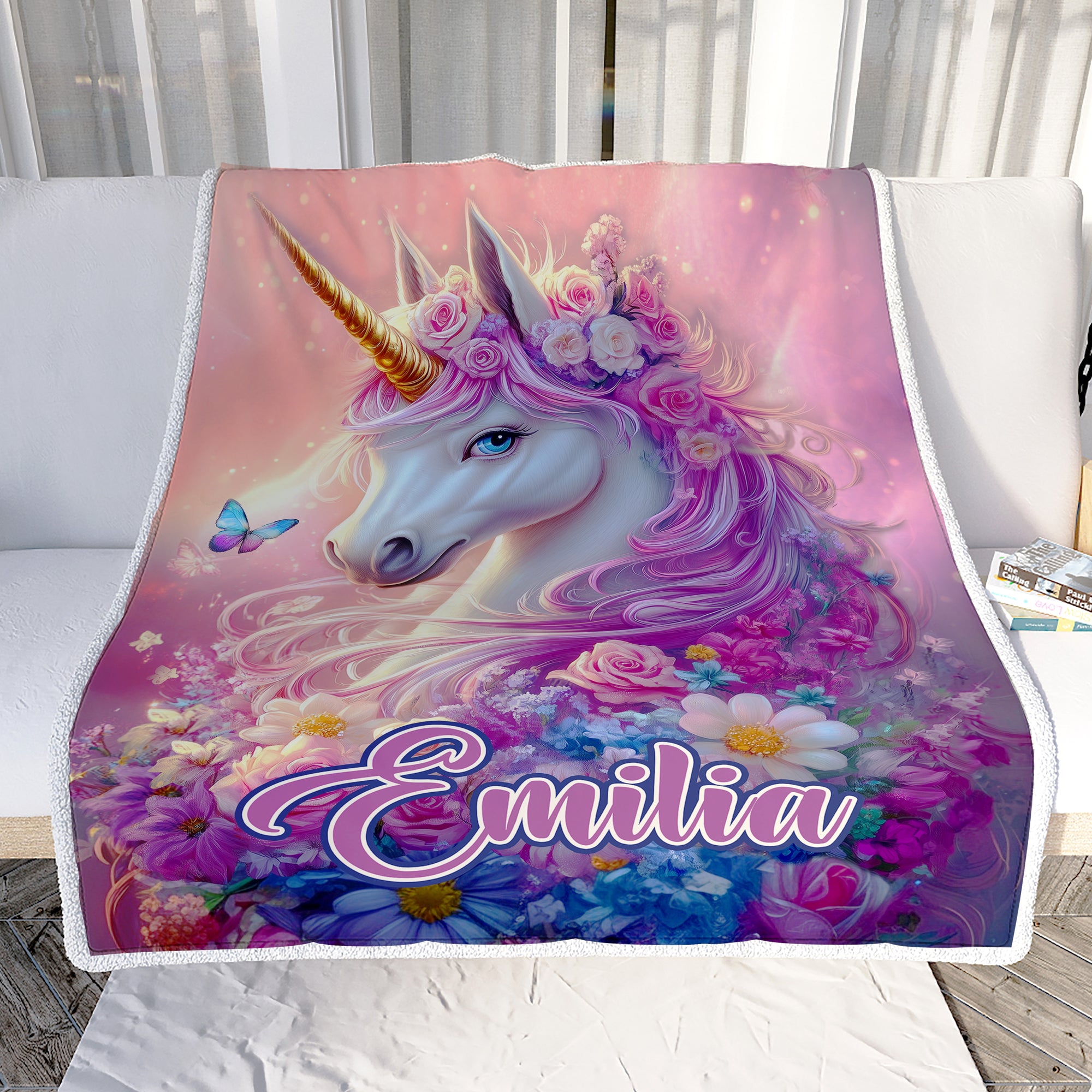 Personalized Unicorn Blanket For Girls Magical Purple Floral Unicorn With Custom Name Kids Daughter Gift Bedding For Little Princesses Fleece Throw Blanket Shirt & Hoodie | siriusteestore