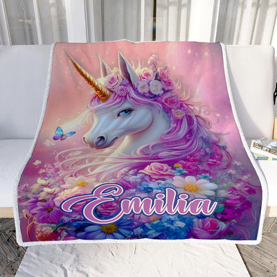 Personalized Unicorn Blanket For Girls Magical Purple Floral Unicorn With Custom Name Kids Daughter Gift Bedding For Little Princesses Fleece Throw Blanket Shirt & Hoodie | siriusteestore