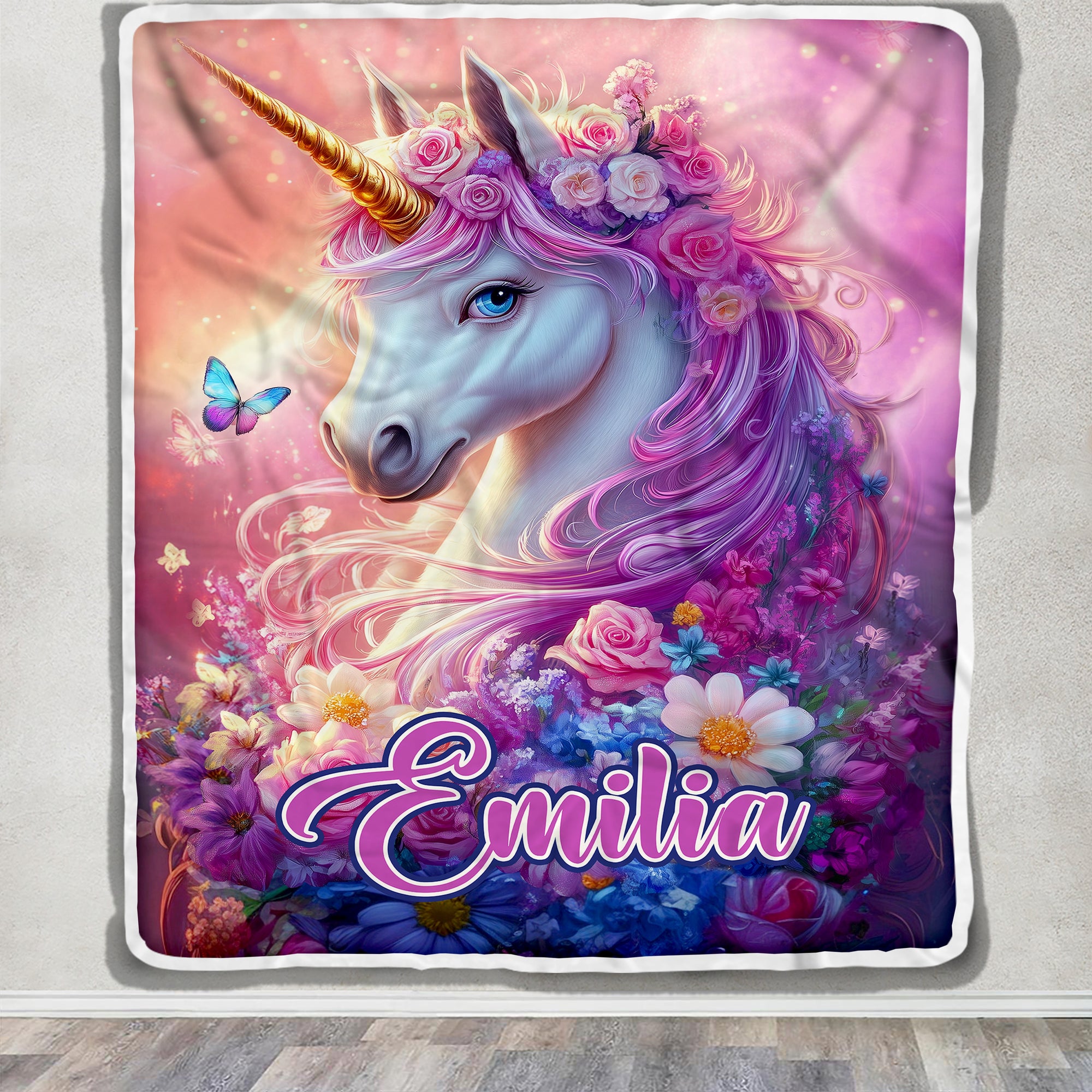Personalized Unicorn Blanket For Girls Magical Purple Floral Unicorn With Custom Name Kids Daughter Gift Bedding For Little Princesses Fleece Throw Blanket Shirt & Hoodie | siriusteestore