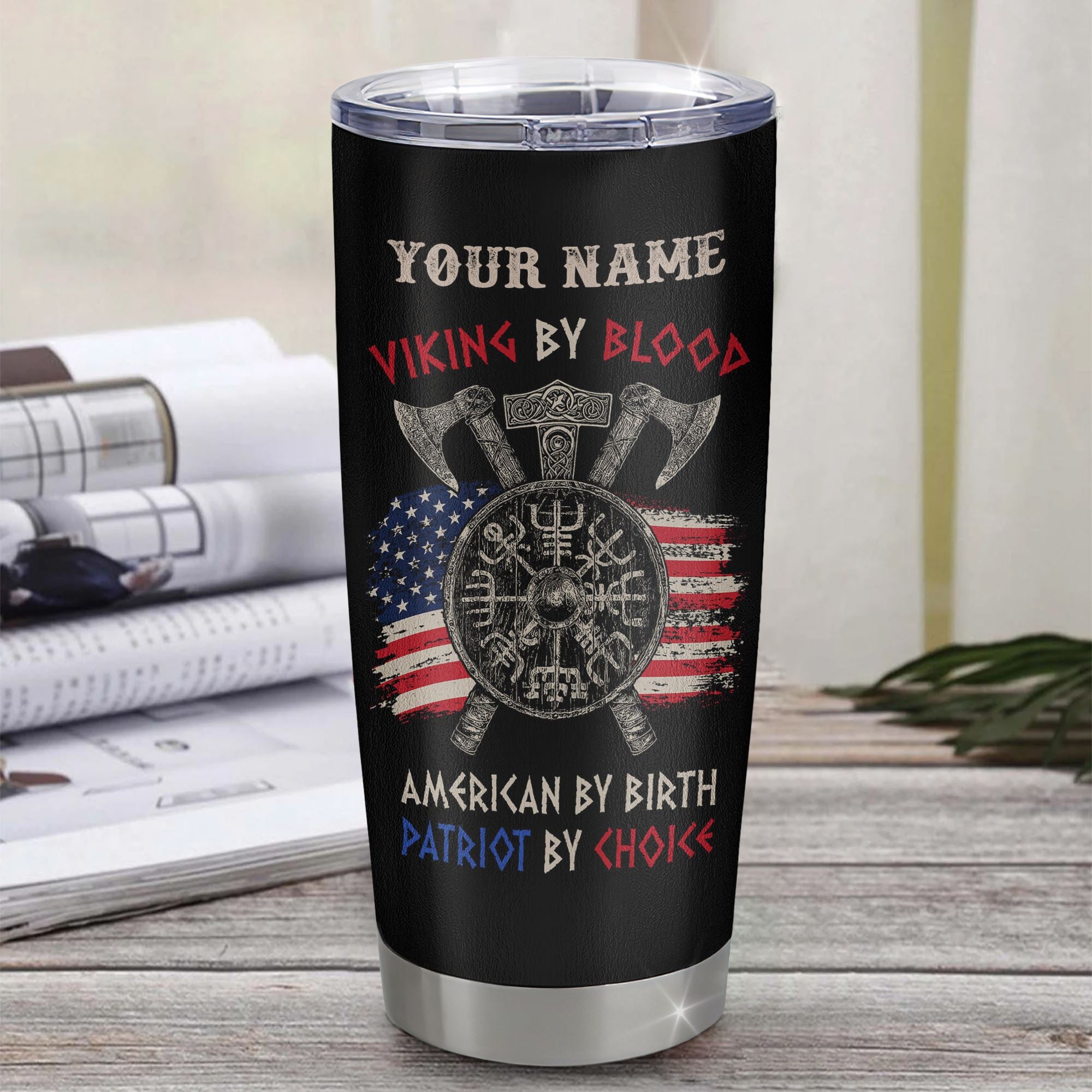 Personalized Viking Tumbler Stainless Steel Cup Viking By Blood American By Birth Odin God Scandinavian Norse Mythology Runes Men Women Dad Birthday Custom Travel Mug | siriusteestore