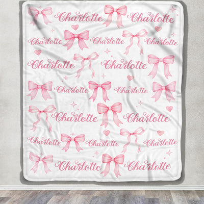 Personalized Watercolor Pink Coquette Bow Blanket Custom Baby Girl Name Family Gift For Daughter Granddaughter Newborn Kids Birthday Gifts Fleece Throw Blanket Shirt & Hoodie | siriusteestore