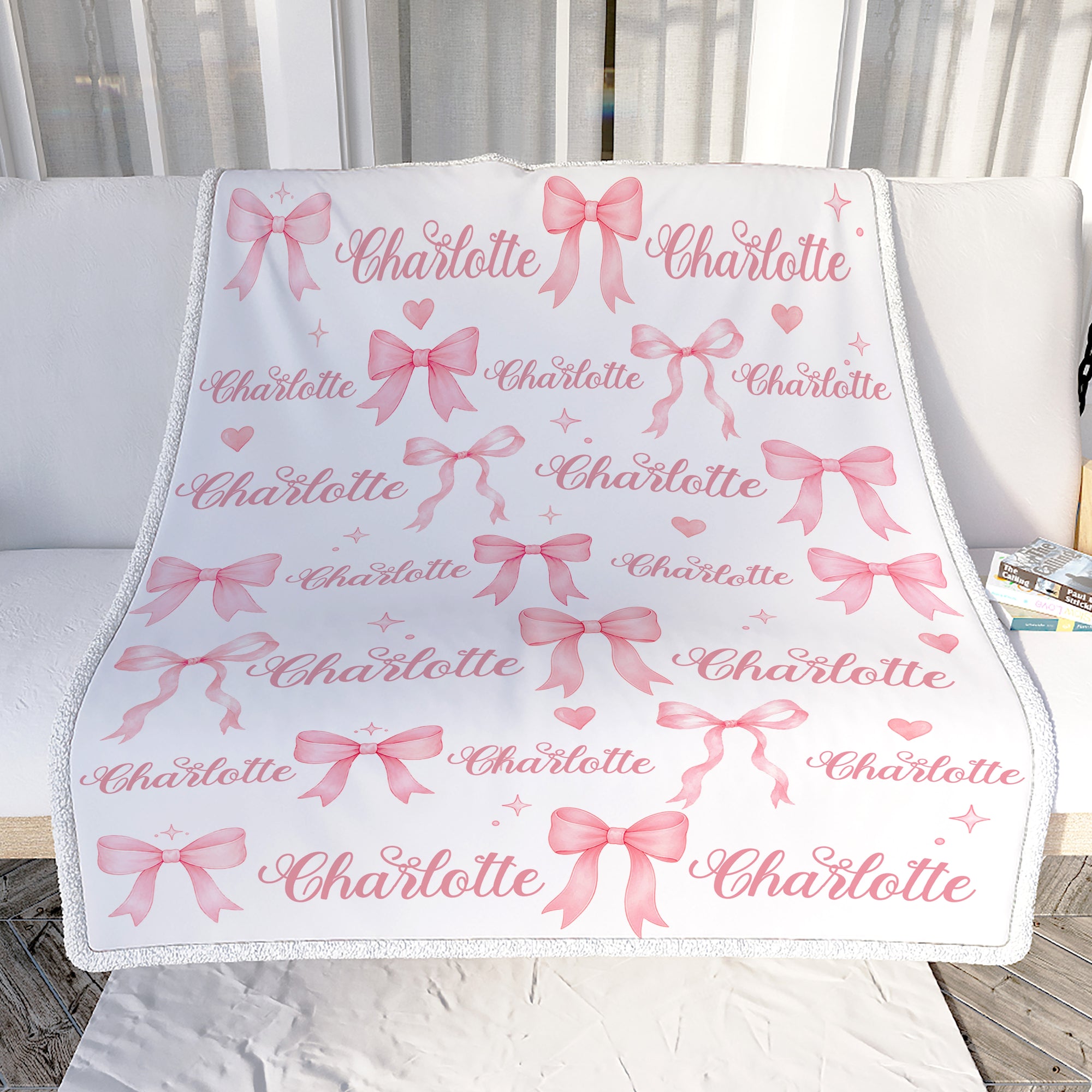 Personalized Watercolor Pink Coquette Bow Blanket Custom Baby Girl Name Family Gift For Daughter Granddaughter Newborn Kids Birthday Gifts Fleece Throw Blanket Shirt & Hoodie | siriusteestore