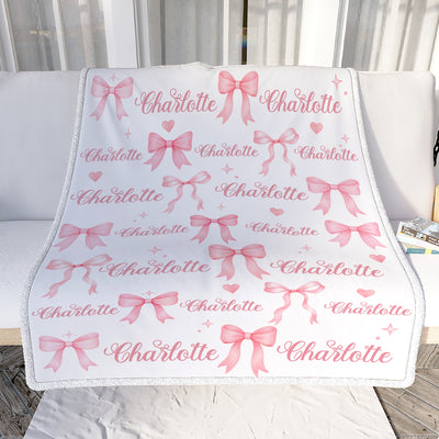 Personalized Watercolor Pink Coquette Bow Blanket Custom Baby Girl Name Family Gift For Daughter Granddaughter Newborn Kids Birthday Gifts Fleece Throw Blanket Shirt & Hoodie | siriusteestore