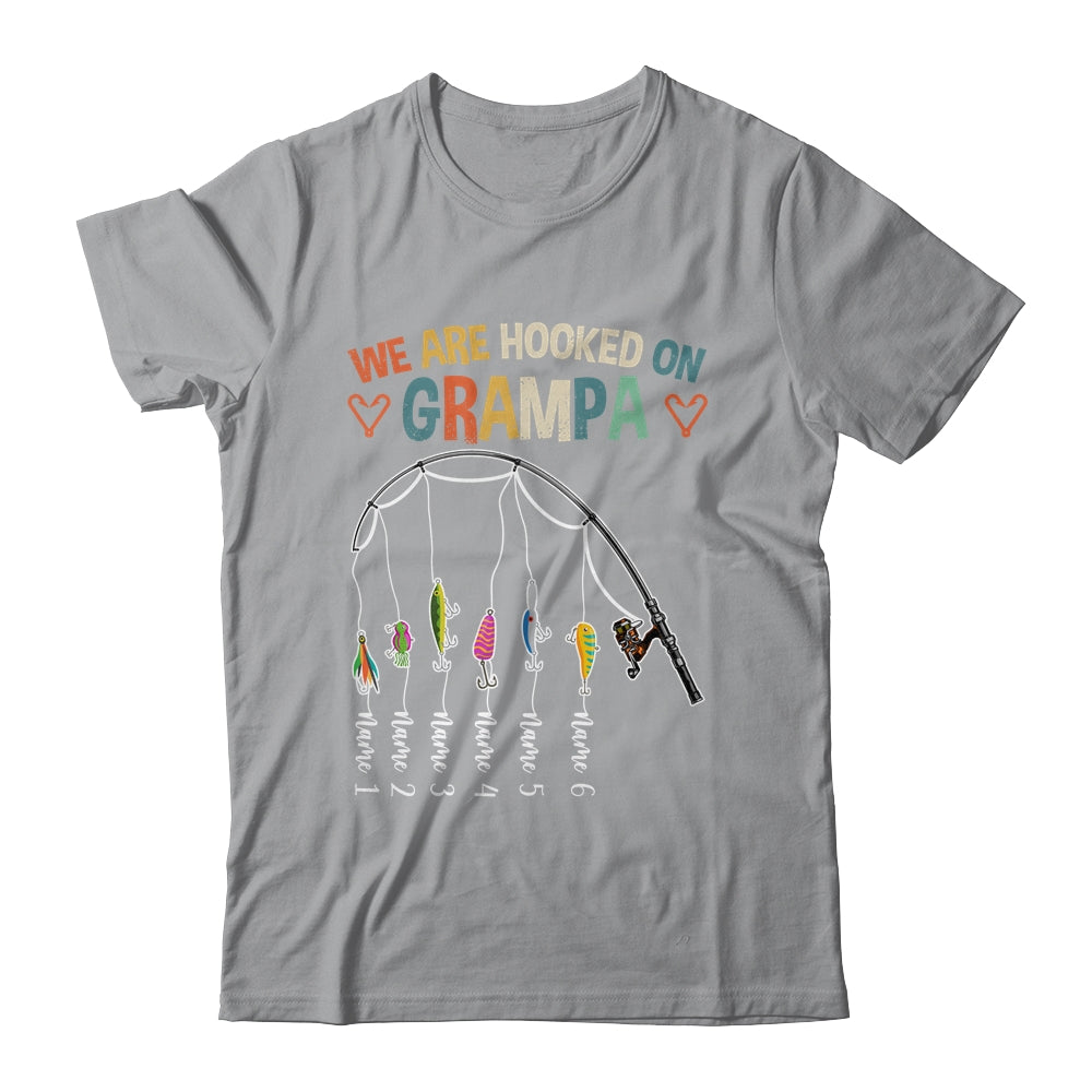 Personalized We Are Hooked On Grampa Fishing Custom Grandkids Name Fathers Day For Men Birthday Christmas Shirt & Hoodie | siriusteestore