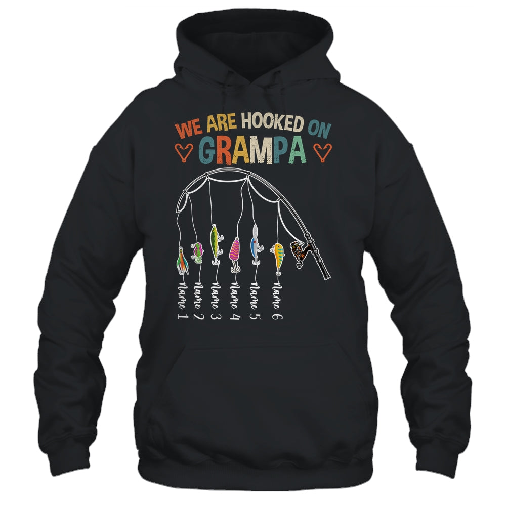Personalized We Are Hooked On Grampa Fishing Custom Grandkids Name Fathers Day For Men Birthday Christmas Shirt & Hoodie | siriusteestore