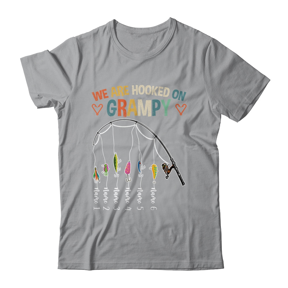 Personalized We Are Hooked On Grampy Fishing Custom Grandkids Name Fathers Day For Men Birthday Christmas Shirt & Hoodie | siriusteestore
