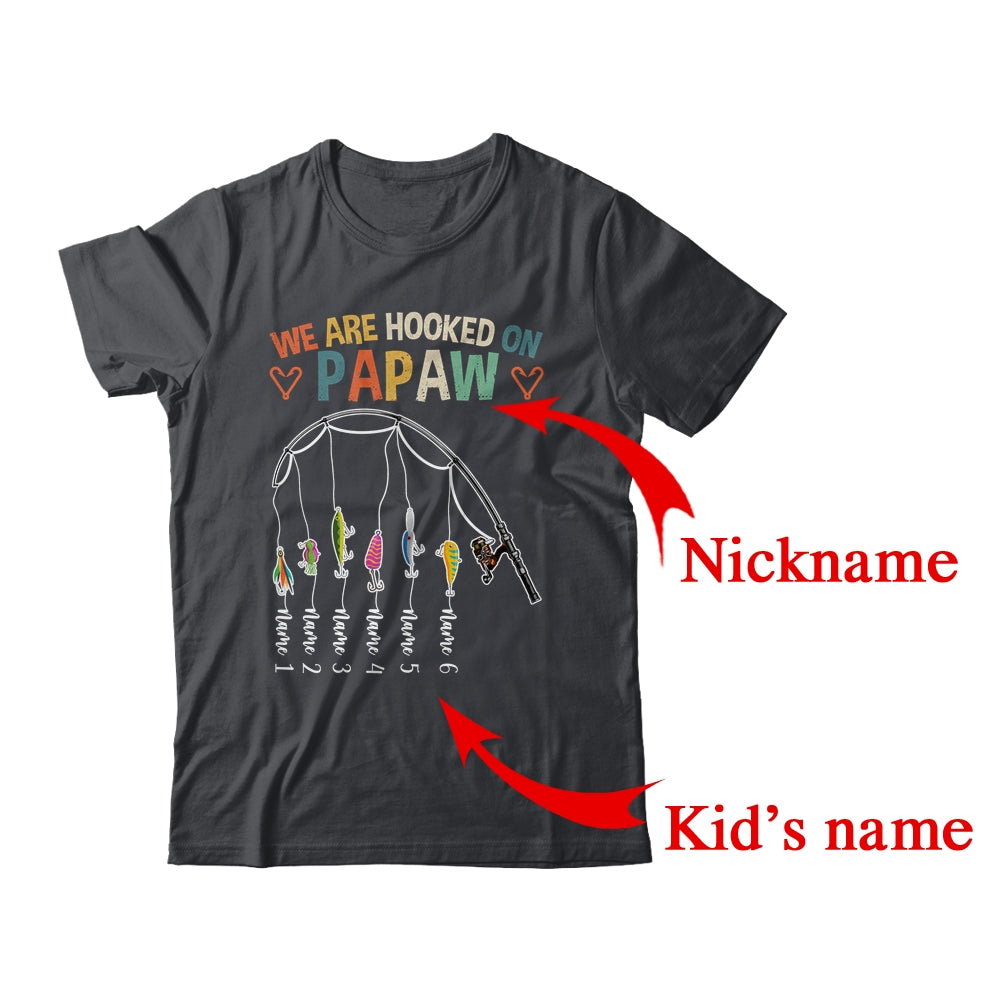 Personalized We Are Hooked On Papaw Fishing Custom Grandkids Name Fathers Day For Men Birthday Christmas Shirt & Hoodie | Custom | siriusteestore