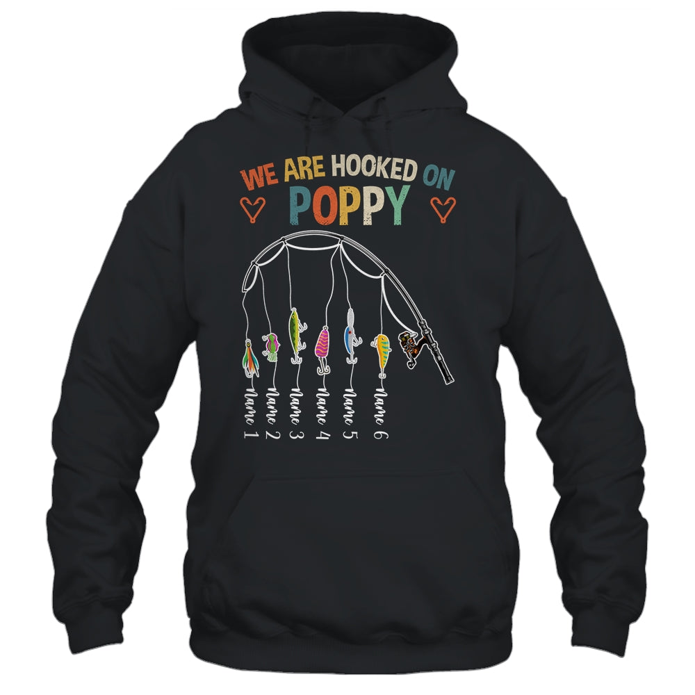 Personalized We Are Hooked On Poppy Fishing Custom Grandkids Name Fathers Day For Men Birthday Christmas Shirt & Hoodie | siriusteestore