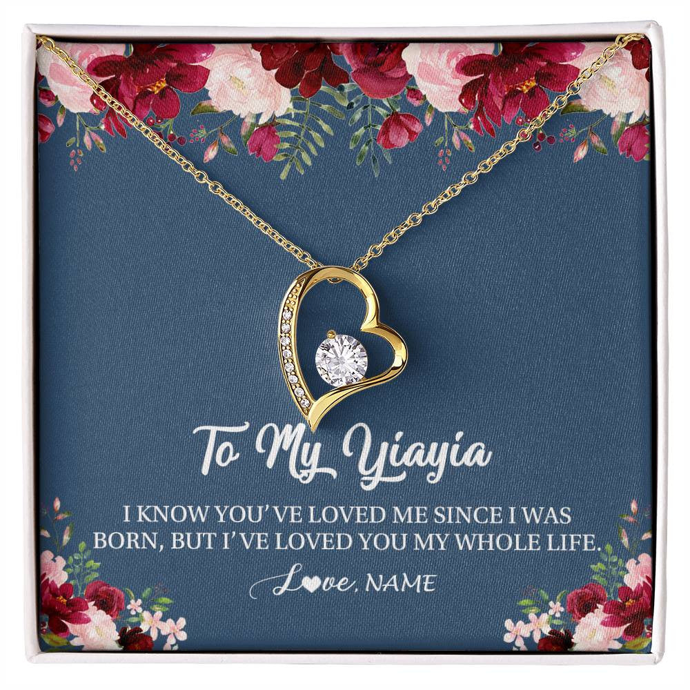 Forever Love Necklace 18K Yellow Gold Finish | Personalized Yiayia Necklace From Grandkids Granddaughter Grandson I've Loved You My Whole Life Floral Yiayia Birthday Mothers Day Christmas Customized Message Card | siriusteestore