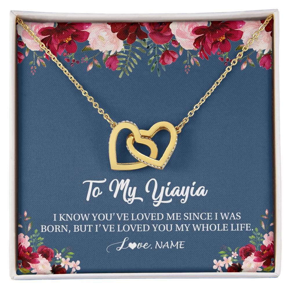 Interlocking Hearts Necklace 18K Yellow Gold Finish | Personalized Yiayia Necklace From Grandkids Granddaughter Grandson I've Loved You My Whole Life Floral Yiayia Birthday Mothers Day Christmas Customized Message Card | siriusteestore