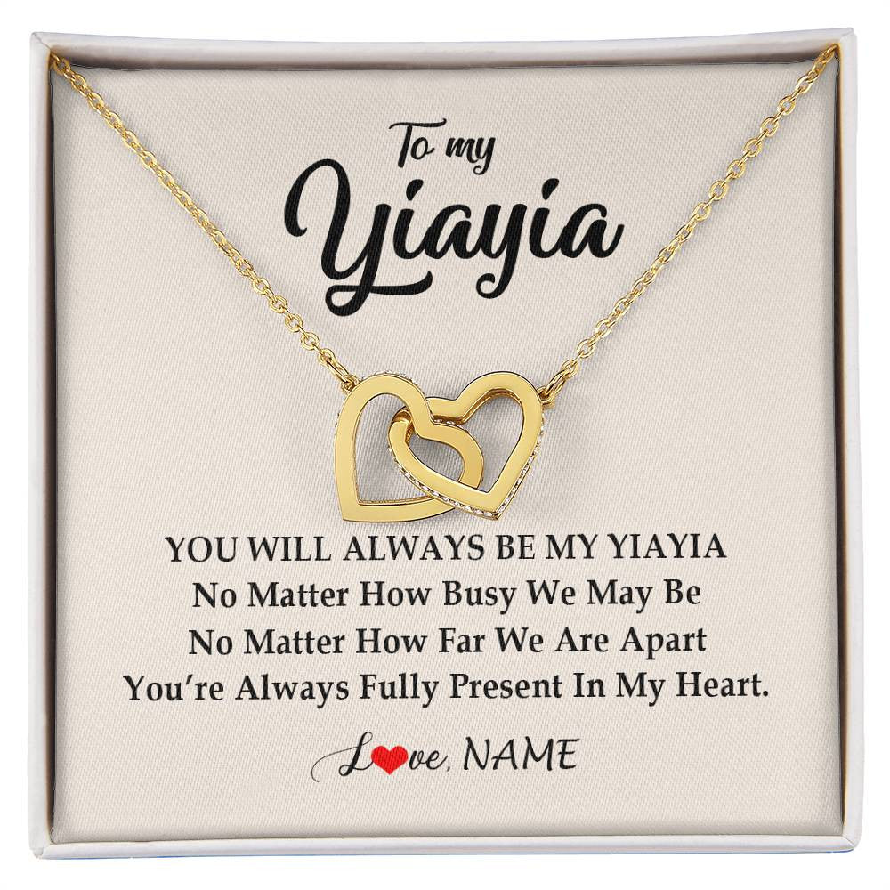 Interlocking Hearts Necklace 18K Yellow Gold Finish | Personalized Yiayia Necklace From Grandkids Granddaughter Grandson You're Always In My Heart Yiayia Birthday Mothers Day Customized Gift Box Message Card | siriusteestore