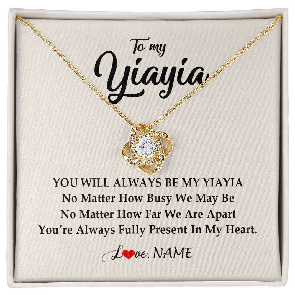 Love Knot Necklace 18K Yellow Gold Finish | Personalized Yiayia Necklace From Grandkids Granddaughter Grandson You're Always In My Heart Yiayia Birthday Mothers Day Customized Gift Box Message Card | siriusteestore
