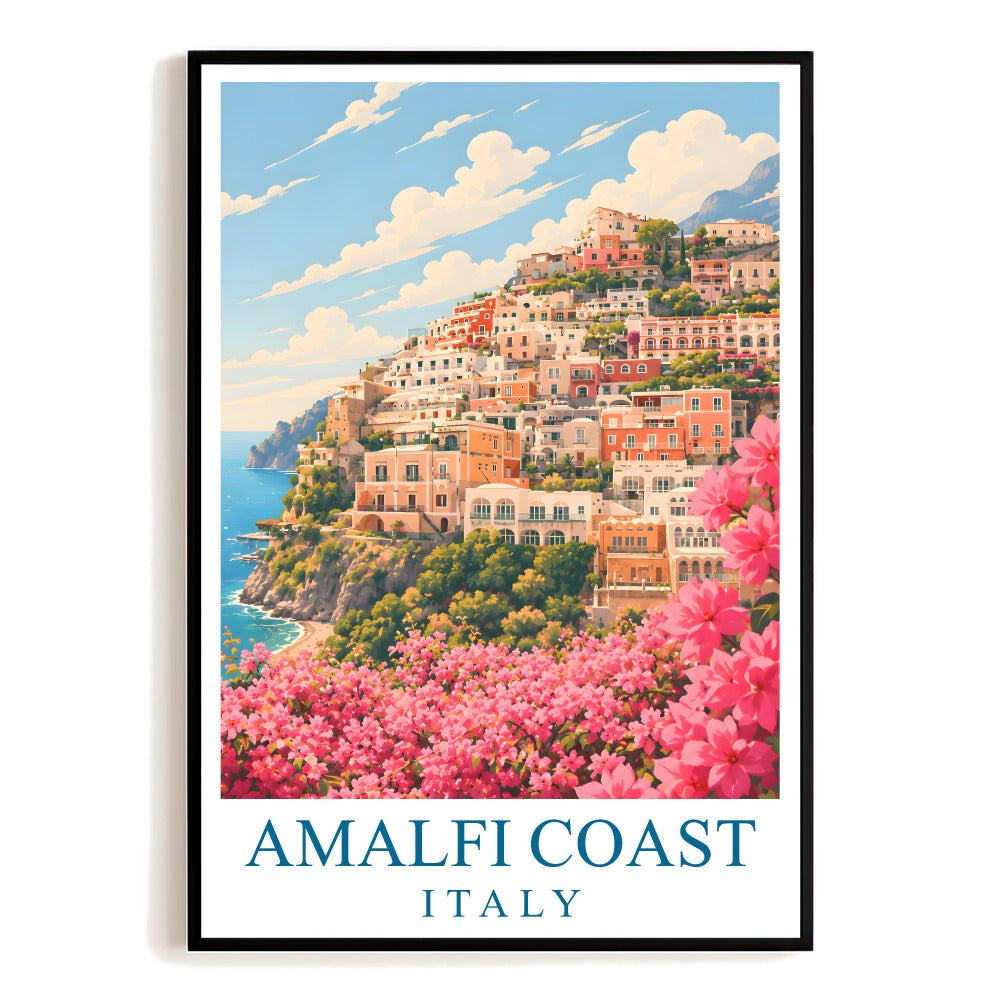 Pink Amalfi Coast Italy Travel Poster Pink Floral Coastal Town Landscape Painting Wall Art Decor For Home Living Room Office Bedroom Vacation Souvenir Print Unframed | siriusteestore