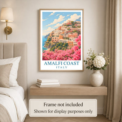 Pink Amalfi Coast Italy Travel Poster Pink Floral Coastal Town Landscape Painting Wall Art Decor For Home Living Room Office Bedroom Vacation Souvenir Print Unframed | siriusteestore
