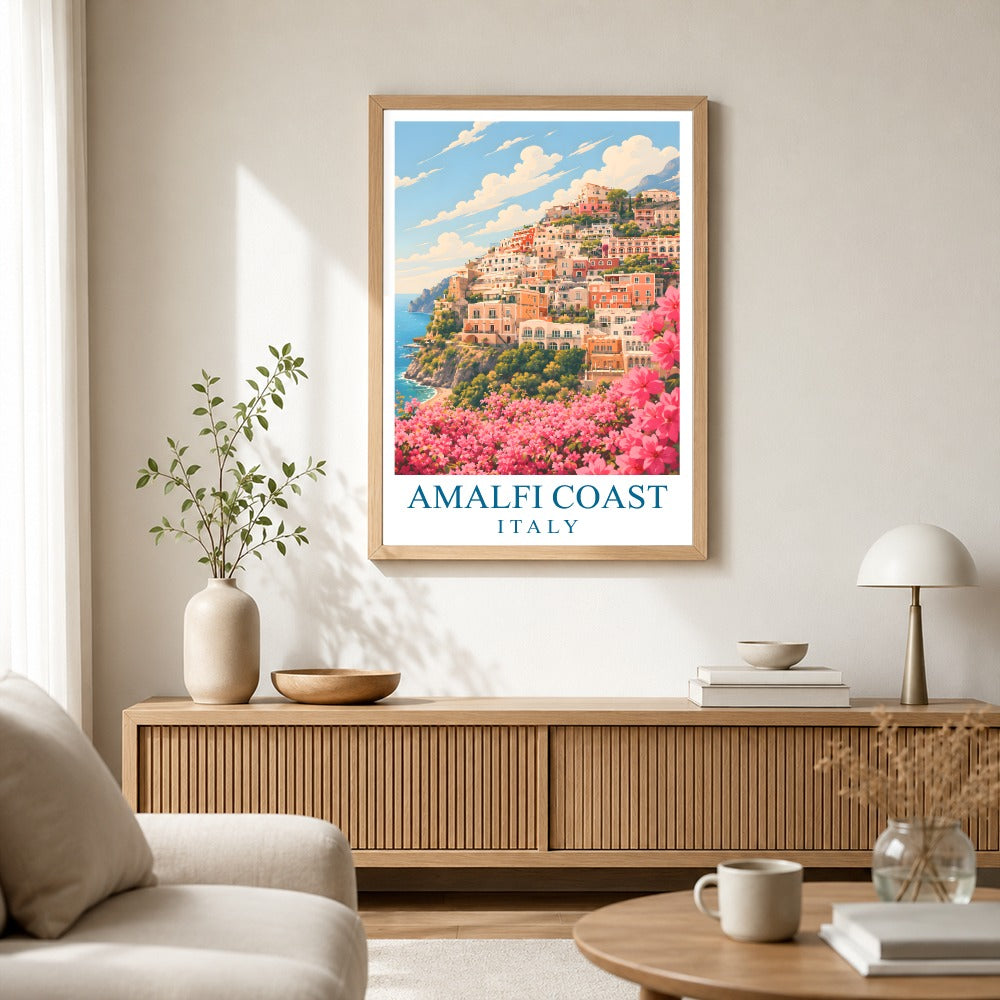 Pink Amalfi Coast Italy Travel Poster Pink Floral Coastal Town Landscape Painting Wall Art Decor For Home Living Room Office Bedroom Vacation Souvenir Print Unframed | siriusteestore