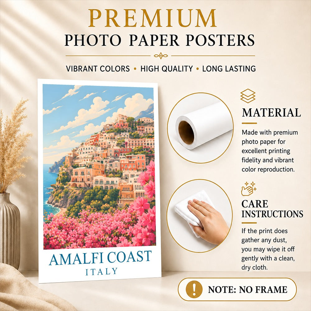 Pink Amalfi Coast Italy Travel Poster Pink Floral Coastal Town Landscape Painting Wall Art Decor For Home Living Room Office Bedroom Vacation Souvenir Print Unframed | siriusteestore
