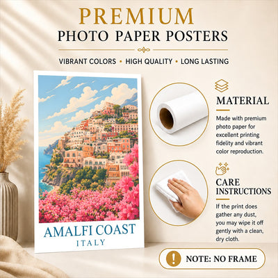 Pink Amalfi Coast Italy Travel Poster Pink Floral Coastal Town Landscape Painting Wall Art Decor For Home Living Room Office Bedroom Vacation Souvenir Print Unframed | siriusteestore