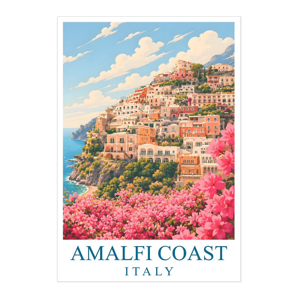 Pink Amalfi Coast Italy Travel Poster Pink Floral Coastal Town Landscape Painting Wall Art Decor For Home Living Room Office Bedroom Vacation Souvenir Print Unframed | siriusteestore