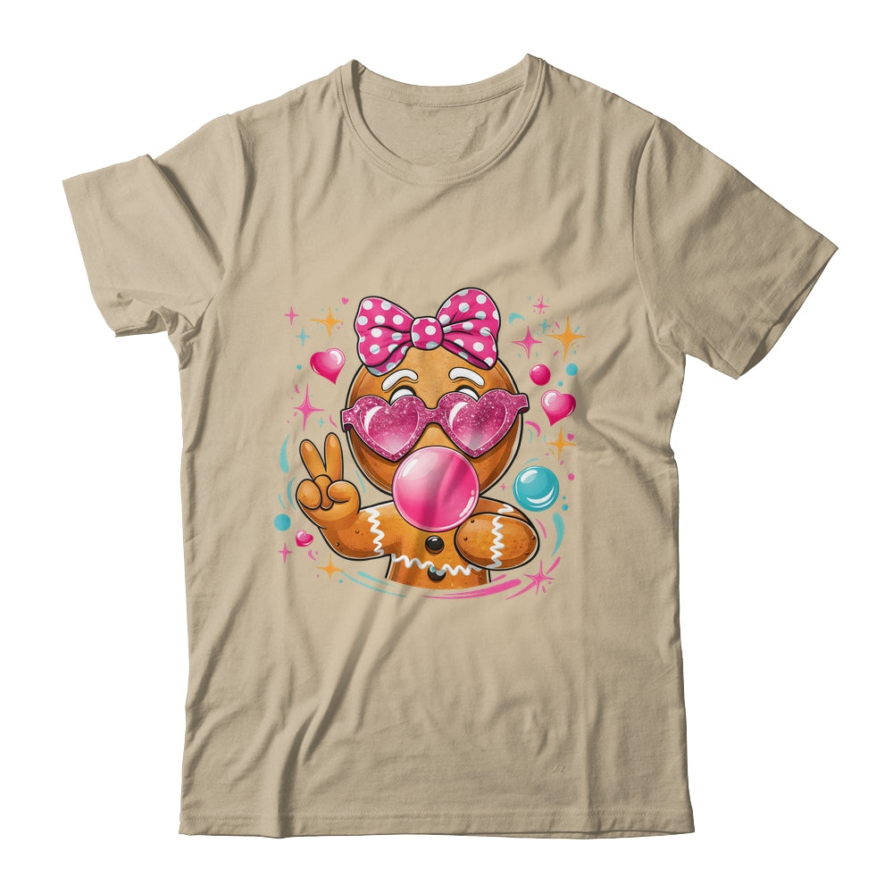 Pink Gingerbread Girl With Sunglasses Blowing Bubble Xmas Shirt & Sweatshirt | siriusteestore